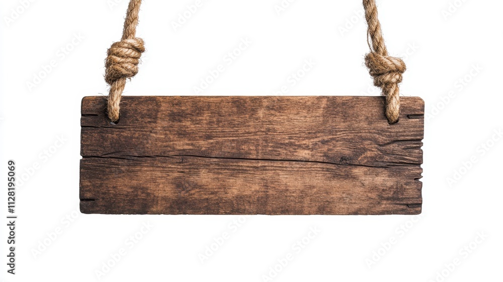 Wooden sign hanging on rope isolated against white background Wooden sign hanging on rope isolated against white background