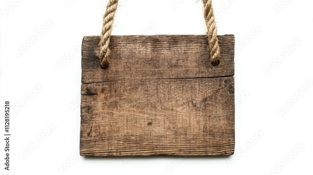 Wooden sign hanging on rope isolated against white background Wooden sign hanging on rope isolated against white background