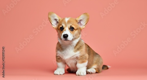 Adorable corgi puppy on pink background for pet lovers and design projects photo