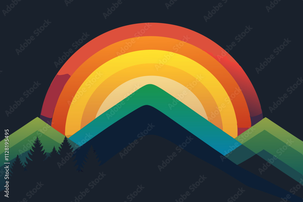 Rainbow over a mountain range after rain isolated vector illustration