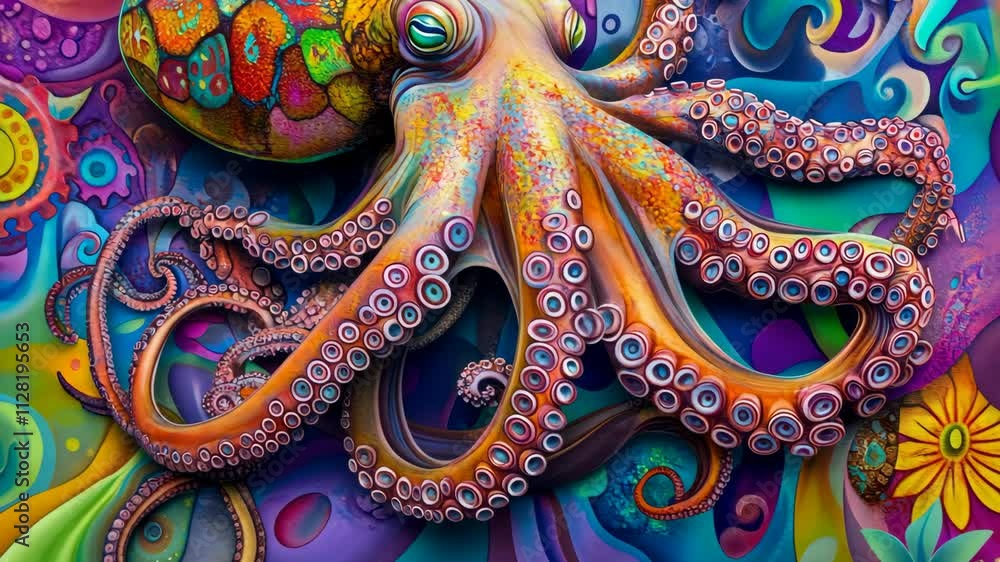 Colorful octopus mural with intricate designs and vibrant colors in an urban setting Colorful octopus mural with intricate designs and vibrant colors in an urban setting