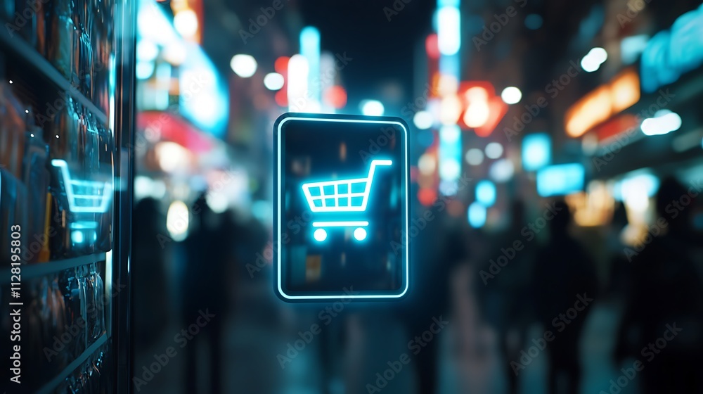 A neon sign of a shopping cart is lit up in a city street A neon sign of a shopping cart is lit up in a city street