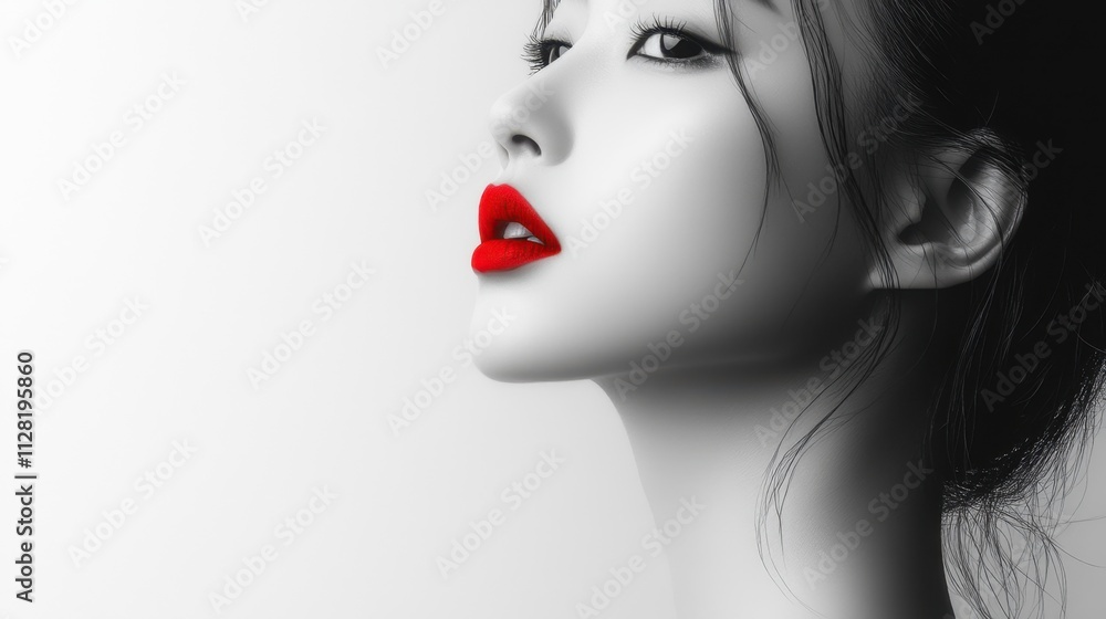 Minimalist portrait of beautiful Asian woman with red lips in black and white Minimalist portrait of beautiful Asian woman with red lips in black and white