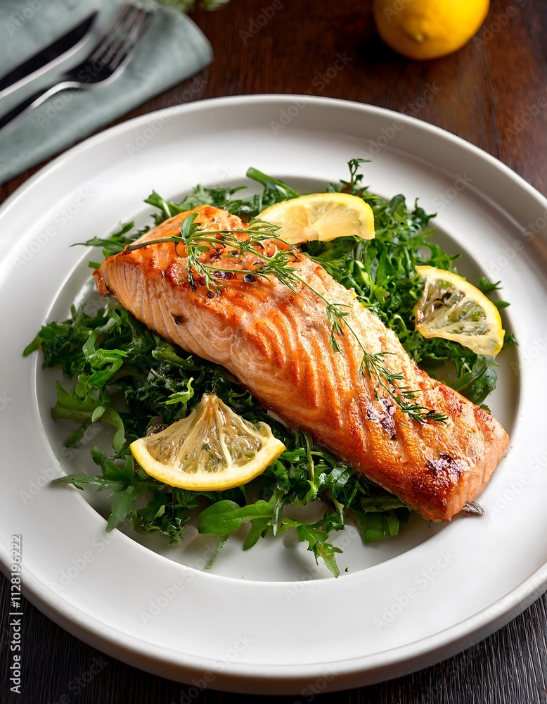 Golden-baked salmon fillet with lemon glaze, served on a bed of greens and sprinkled with herbs Golden-baked salmon fillet with lemon glaze, served on a bed of greens and sprinkled with herbs