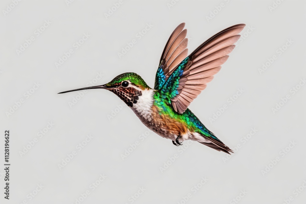Fototapeta premium A hummingbird in flight, showcasing its iridescent plumage and long beak against a neutral background.