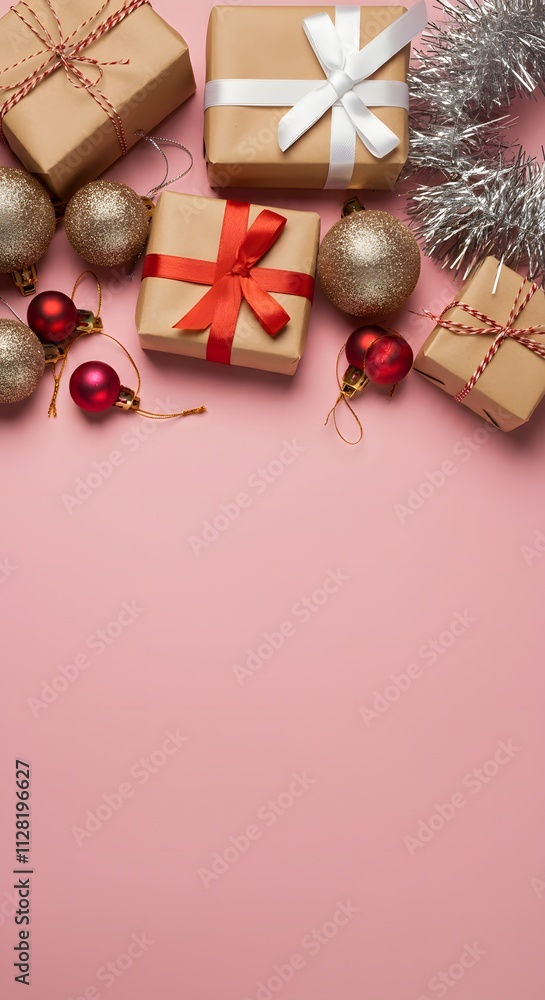 Christmas background concept. Top view of composition with Christmas decorations and copy space on pastel pink background. New Year winter background. Flat lay Christmas background concept. Top view of composition with Christmas decorations and copy space on pastel pink background. New Year winter background. Flat lay