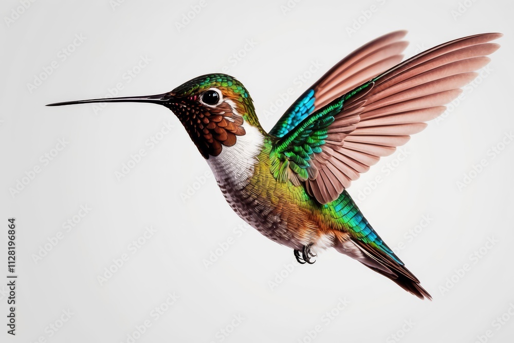 A vibrant hummingbird in flight against a white background. A vibrant hummingbird in flight against a white background.