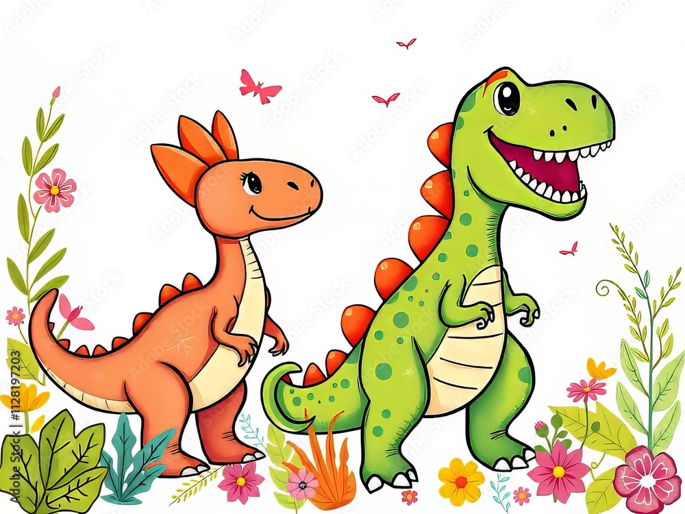 Naklejka premium Colorful Dino Nursery Decor - Doodle Style Fantasy Raptors & T-Rex