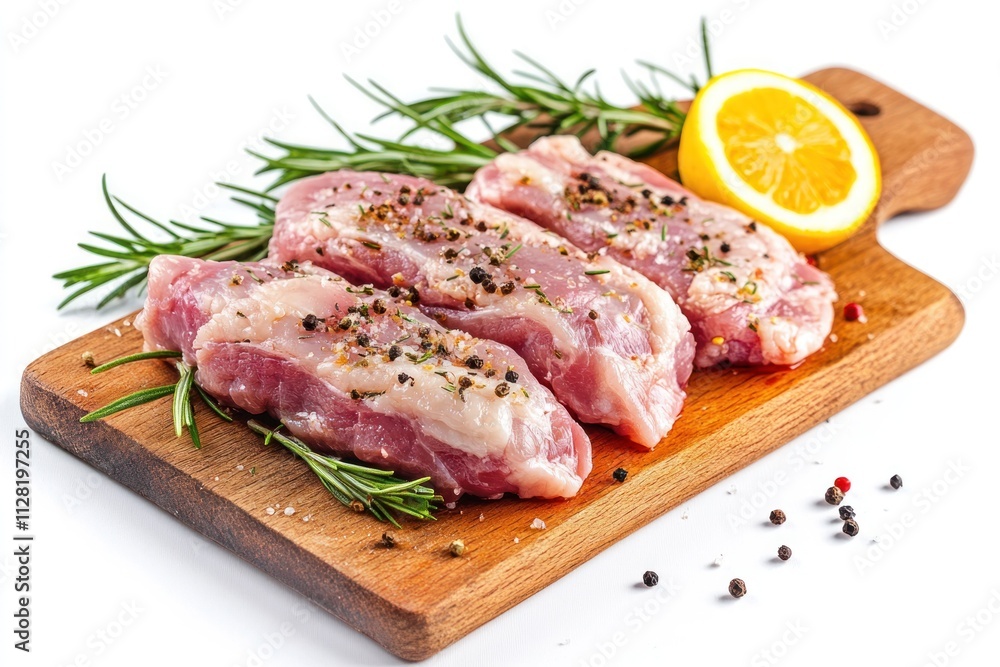 Fresh meat cuts garnished with herbs and lemon on a wooden board. Fresh meat cuts garnished with herbs and lemon on a wooden board.