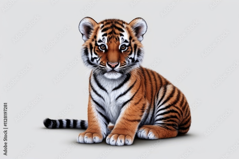 Adorable tiger cub sitting on light gray background. Adorable tiger cub sitting on light gray background.