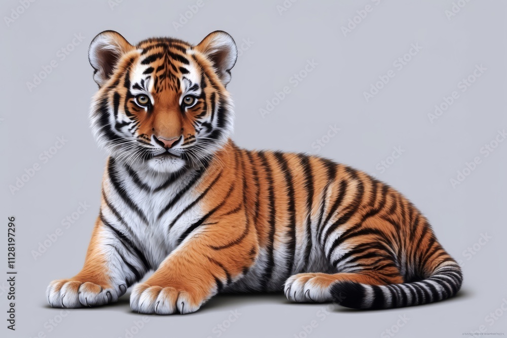 Naklejka premium Adorable tiger cub sitting on gray background.