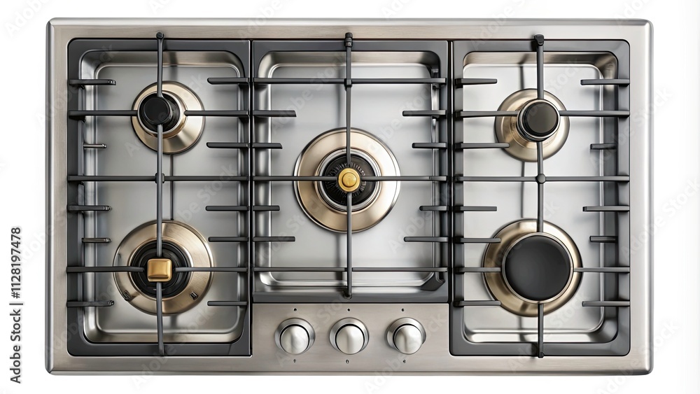 Modern Gas Stove Top View, Isolated White Background, Kitchen Appliance, Cooktop, Burner, Aerial Photography Modern Gas Stove Top View, Isolated White Background, Kitchen Appliance, Cooktop, Burner, Aerial Photography