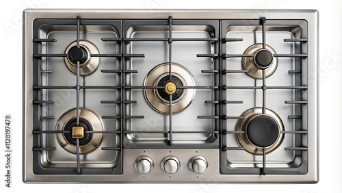 Modern Gas Stove Top View, Isolated White Background, Kitchen Appliance, Cooktop, Burner, Aerial Photography