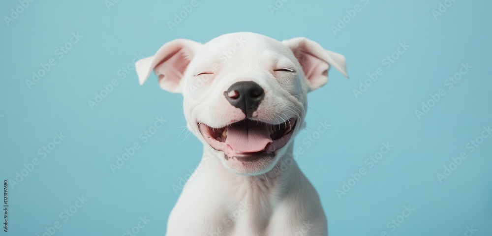 A smiling white puppy against a blue background, exuding joy and playfulness. A smiling white puppy against a blue background, exuding joy and playfulness.