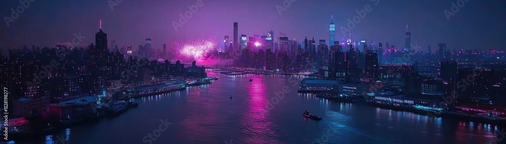 Fototapeta premium Night Cityscape with Fireworks