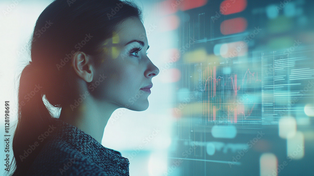 Profile of a thoughtful woman gazing at digital data and analytics graphs in an innovative and futuristic technology environment Profile of a thoughtful woman gazing at digital data and analytics graphs in an innovative and futuristic technology environment