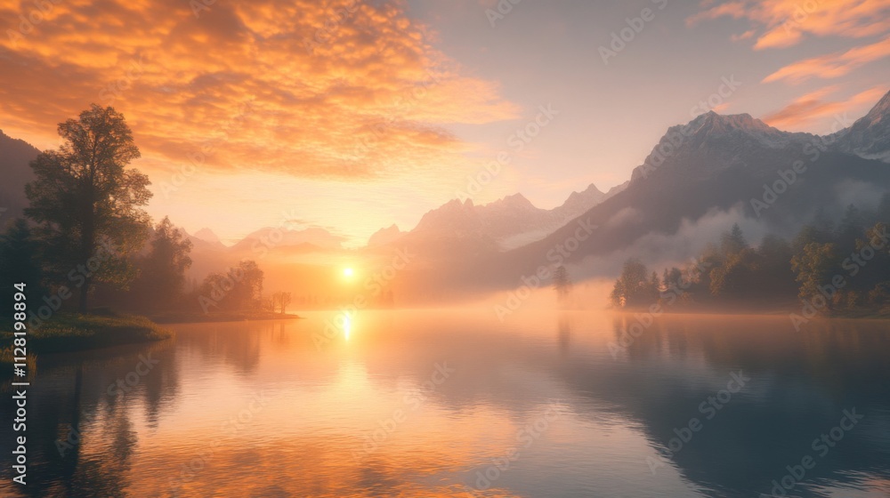 Fototapeta premium Serene Sunrise Over Misty Mountain Lake