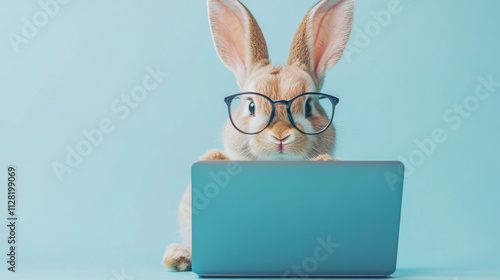 Close-up of cute rabbit with glasses working on a blue laptop against pastel blue background