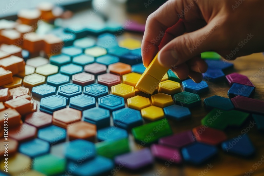 A hand places a colorful hexagonal tile on a patterned board game. A hand places a colorful hexagonal tile on a patterned board game.