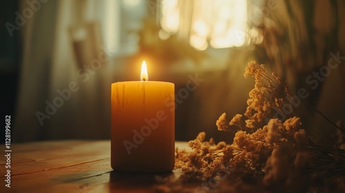 A Lit Candle Beside Dried Flowers On A Wooden Table photo