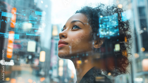 Woman Gazing at Cityscape with Digital Overlays, Reflecting Technology and Future Aspirations in Urban Environment