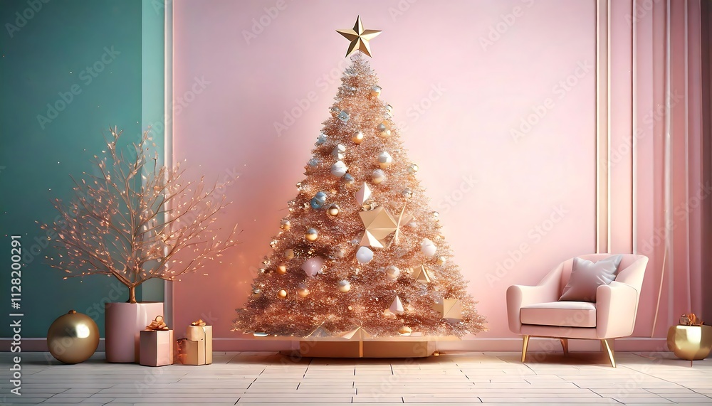 Elegant Rose Gold Christmas Tree in a Pink and Teal Room Interior Design Elegant Rose Gold Christmas Tree in a Pink and Teal Room Interior Design