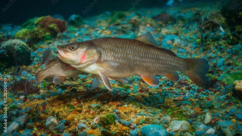 A fish swimming in the ocean with a rock in its mouth A fish swimming in the ocean with a rock in its mouth
