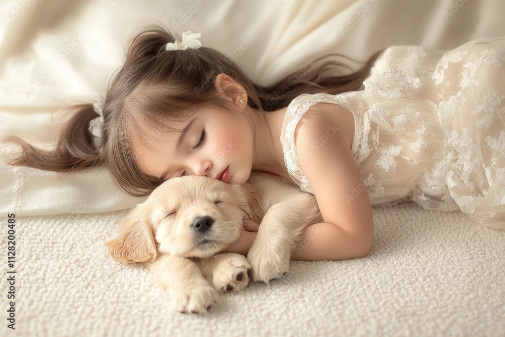 A serene moment of a girl sleeping with a puppy, showcasing innocence and companionship. A serene moment of a girl sleeping with a puppy, showcasing innocence and companionship.
