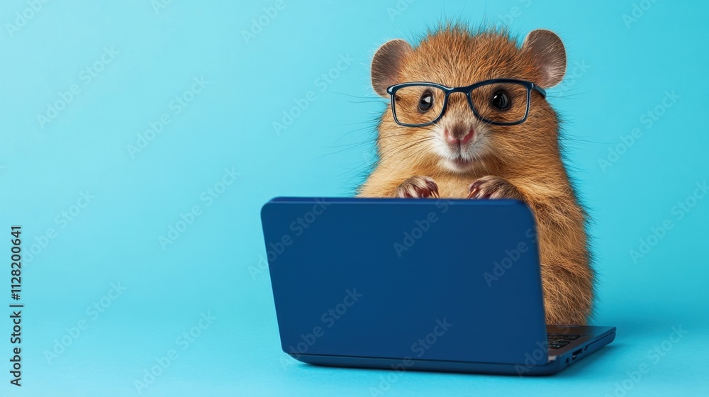 Close-up of cute quokka with glasses working on a blue laptop against pastel blue background Close-up of cute quokka with glasses working on a blue laptop against pastel blue background