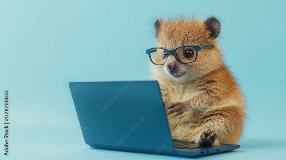 Close-up of cute quokka with glasses working on a blue laptop against pastel blue background Close-up of cute quokka with glasses working on a blue laptop against pastel blue background