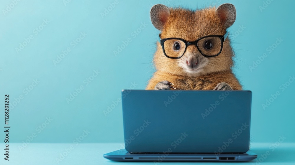 Close-up of cute quokka with glasses working on a blue laptop against pastel blue background Close-up of cute quokka with glasses working on a blue laptop against pastel blue background
