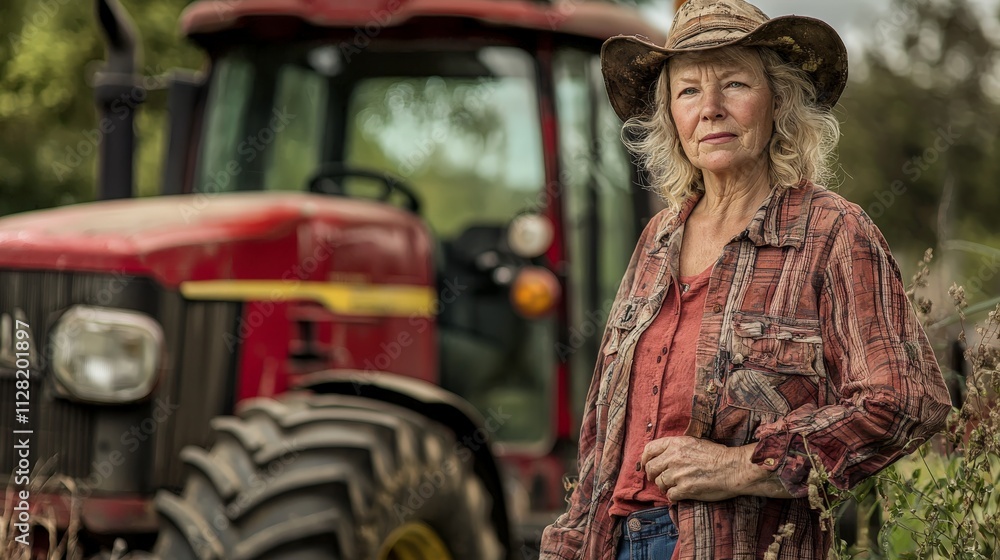 Obraz premium middle aged female farmer standing next to a tractor on a field