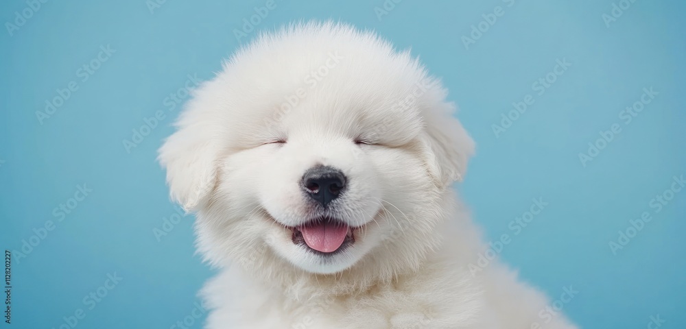 A fluffy white puppy smiling against a blue background, radiating joy and cuteness. A fluffy white puppy smiling against a blue background, radiating joy and cuteness.