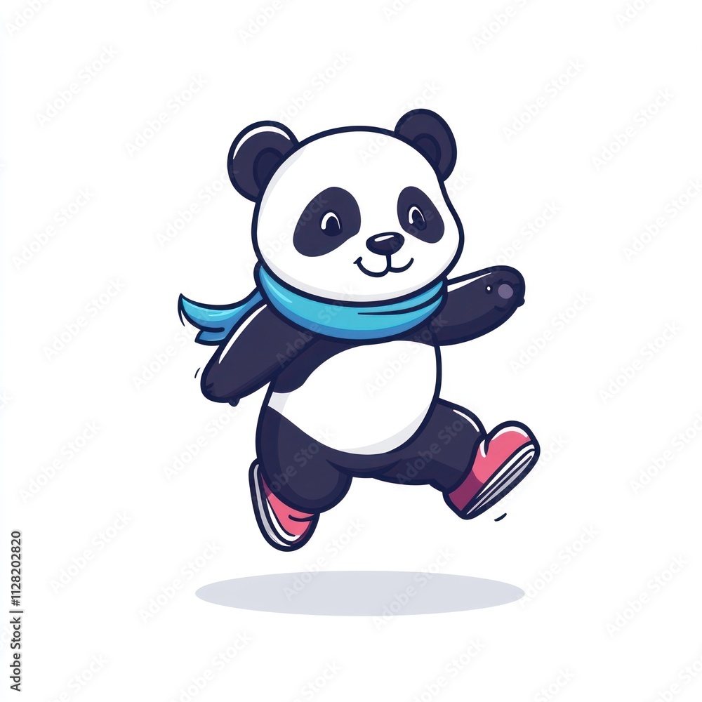 A cute cartoon panda wearing a blue scarf and red shoes, joyfully running. A cute cartoon panda wearing a blue scarf and red shoes, joyfully running.