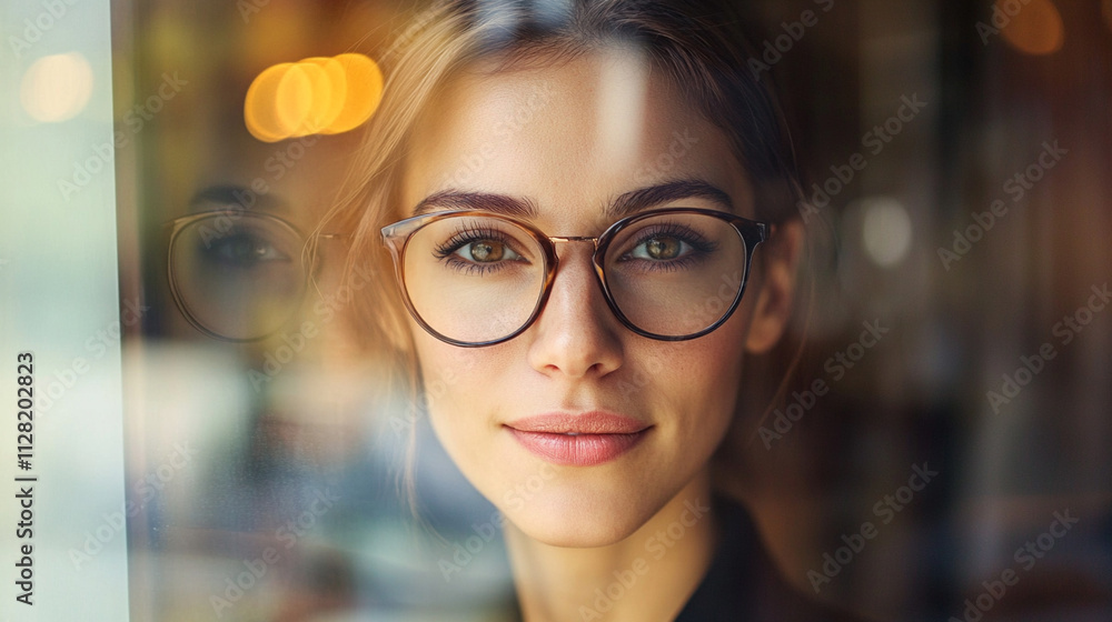 Close-up of a young woman with glasses gazing thoughtfully through a window with soft bokeh lights in the background for lifestyle or portrait concept Close-up of a young woman with glasses gazing thoughtfully through a window with soft bokeh lights in the background for lifestyle or portrait concept