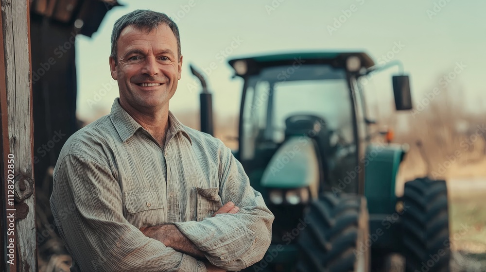 a smiling middle aged farmer standing next to a tractor on a field a smiling middle aged farmer standing next to a tractor on a field