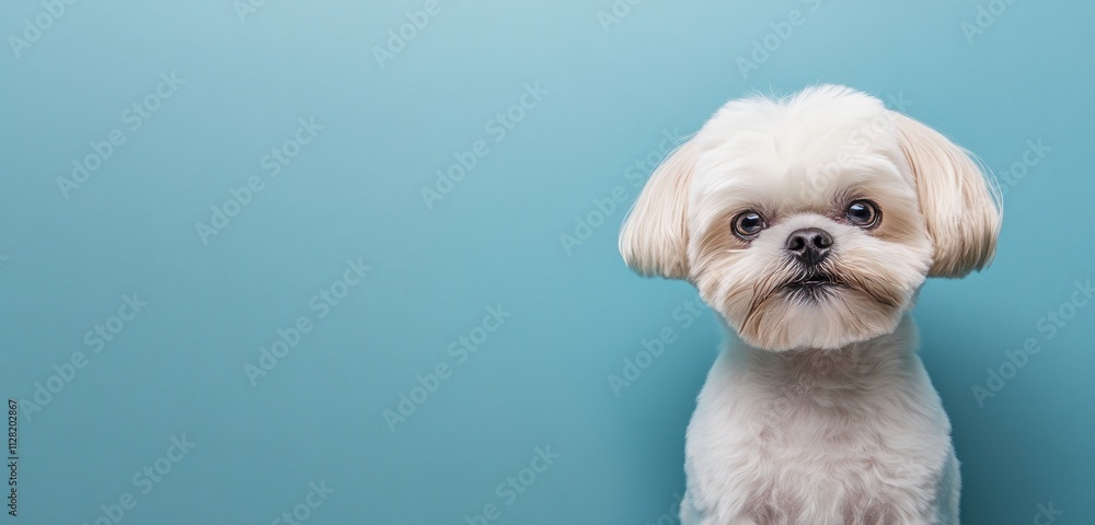 A cute small dog with fluffy fur against a light blue background. A cute small dog with fluffy fur against a light blue background.