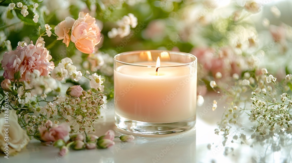 A scented candle graces a stylish tabletop adorned with delicate flowers, casting soft light and playful shadows, perfect for enhancing ambiance in home decor or spa environments. A scented candle graces a stylish tabletop adorned with delicate flowers, casting soft light and playful shadows, perfect for enhancing ambiance in home decor or spa environments.
