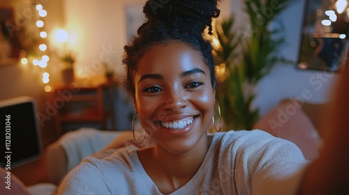 smiling young woman is taking a selfie on her new apartement