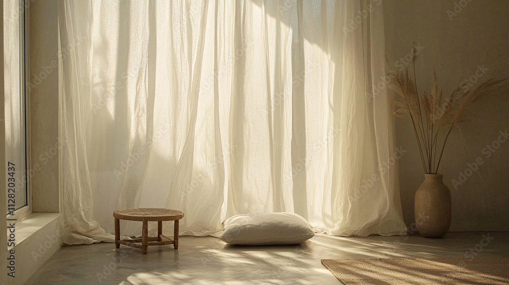 A tranquil minimalist studio bathed in soft natural light features sheer curtains, subtle decor, and muted tones for a relaxing ambiance. A tranquil minimalist studio bathed in soft natural light features sheer curtains, subtle decor, and muted tones for a relaxing ambiance.