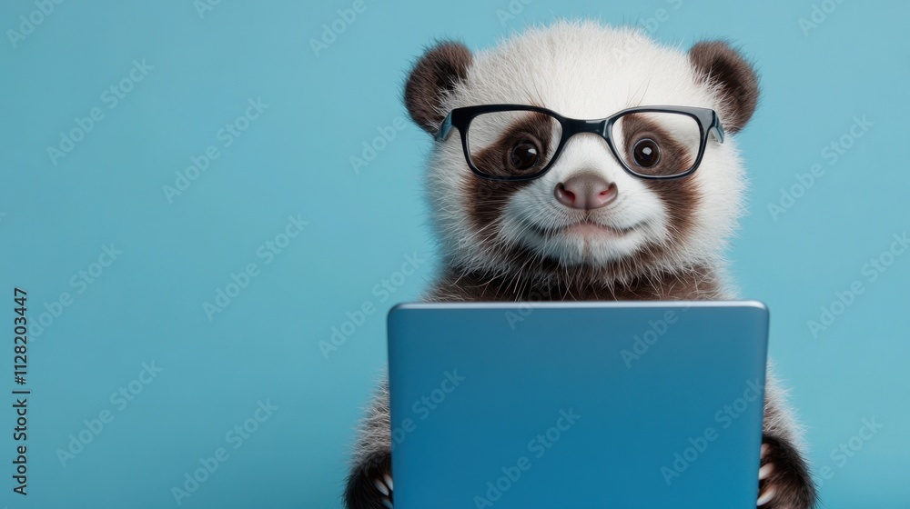 Close-up of cute panda-otter hybrid with glasses working on a blue laptop against pastel blue background Close-up of cute panda-otter hybrid with glasses working on a blue laptop against pastel blue background
