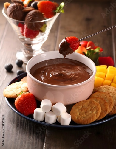Rich chocolate fondue served with fruits, marshmallows, and cookies for dipping
