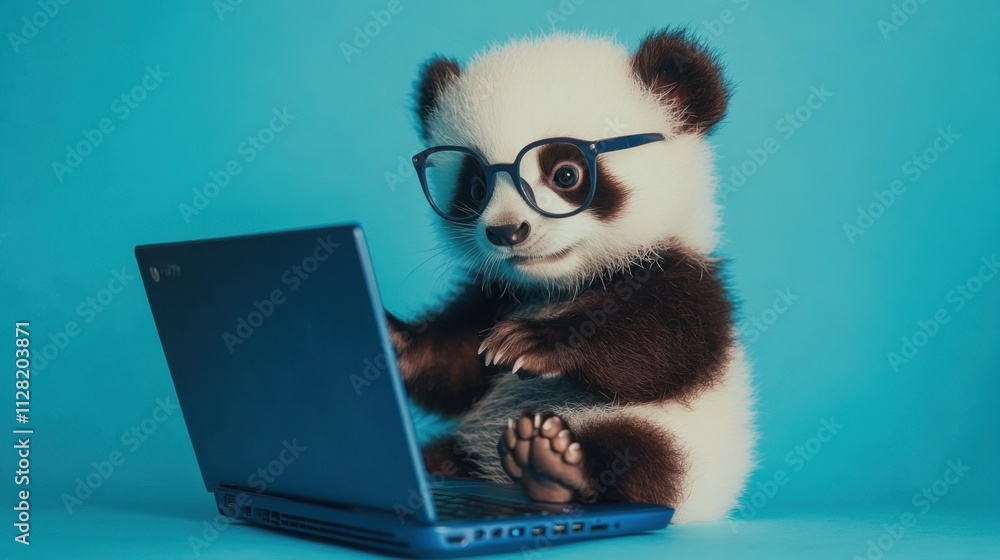 Close-up of cute panda-otter hybrid with glasses working on a blue laptop against pastel blue background Close-up of cute panda-otter hybrid with glasses working on a blue laptop against pastel blue background