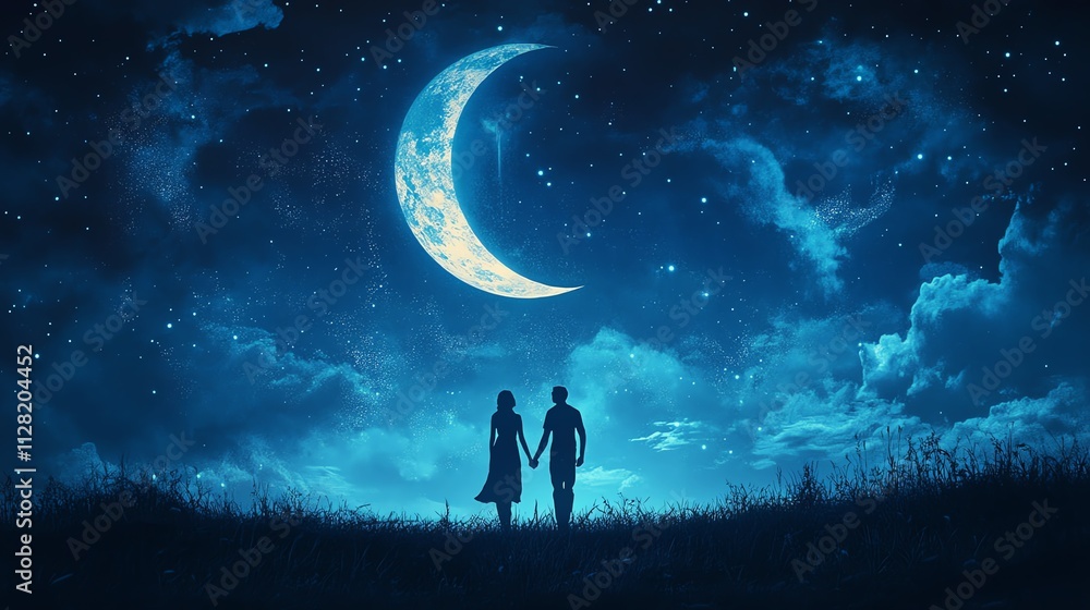 Couple under moonlit night sky sharing a moment.