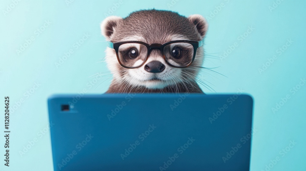 Close-up of cute panda-otter hybrid with glasses working on a blue laptop against pastel blue background Close-up of cute panda-otter hybrid with glasses working on a blue laptop against pastel blue background