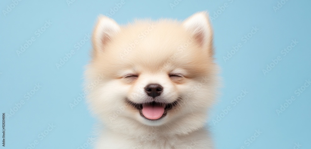 A cheerful Pomeranian puppy with closed eyes and a smiling expression against a blue background. A cheerful Pomeranian puppy with closed eyes and a smiling expression against a blue background.