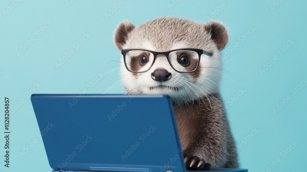 Close-up of cute panda-otter hybrid with glasses working on a blue laptop against pastel blue background Close-up of cute panda-otter hybrid with glasses working on a blue laptop against pastel blue background