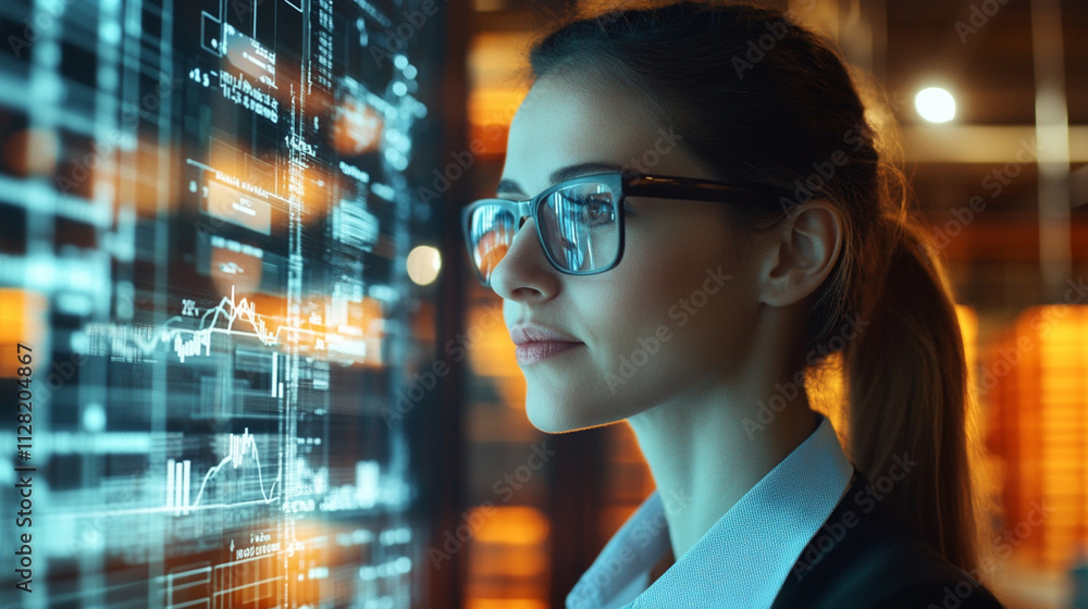 Professional woman in glasses analyzing digital data and graphs on an interactive display in a modern office environment with glowing screens Professional woman in glasses analyzing digital data and graphs on an interactive display in a modern office environment with glowing screens