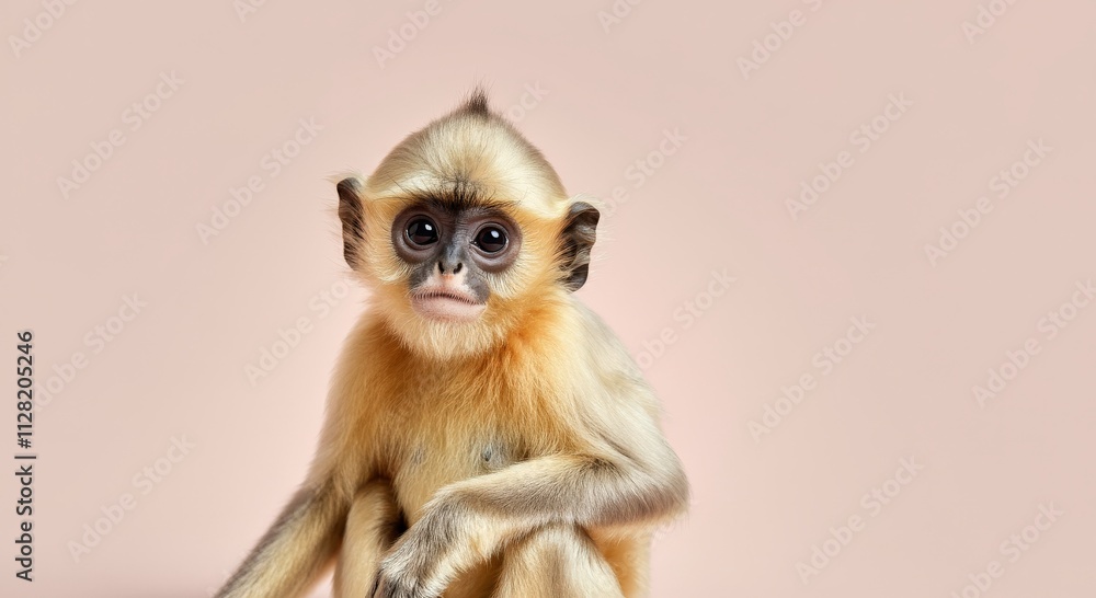 Fototapeta premium Adorable young langur with curious expression on soft pink background