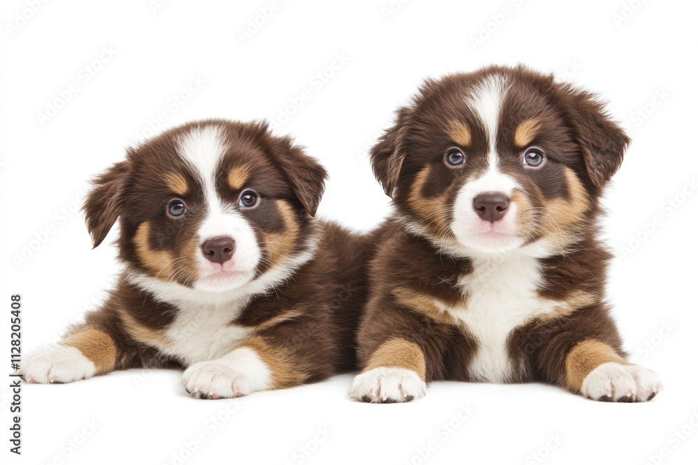 Two adorable puppies lying side by side, showcasing their playful and friendly demeanor. Two adorable puppies lying side by side, showcasing their playful and friendly demeanor.